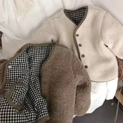 DGUKYM Autumn and Winter New Warm Jacket Children Two Sides Wear Plaid Plush Jacket Kids Jackets Winter Clothes for Girls